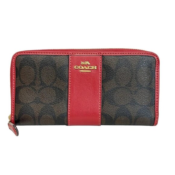 Auth COACH Signature F54630 Dark Brown Black Red PVC Leather - Long Wallet - Picture 1 of 5